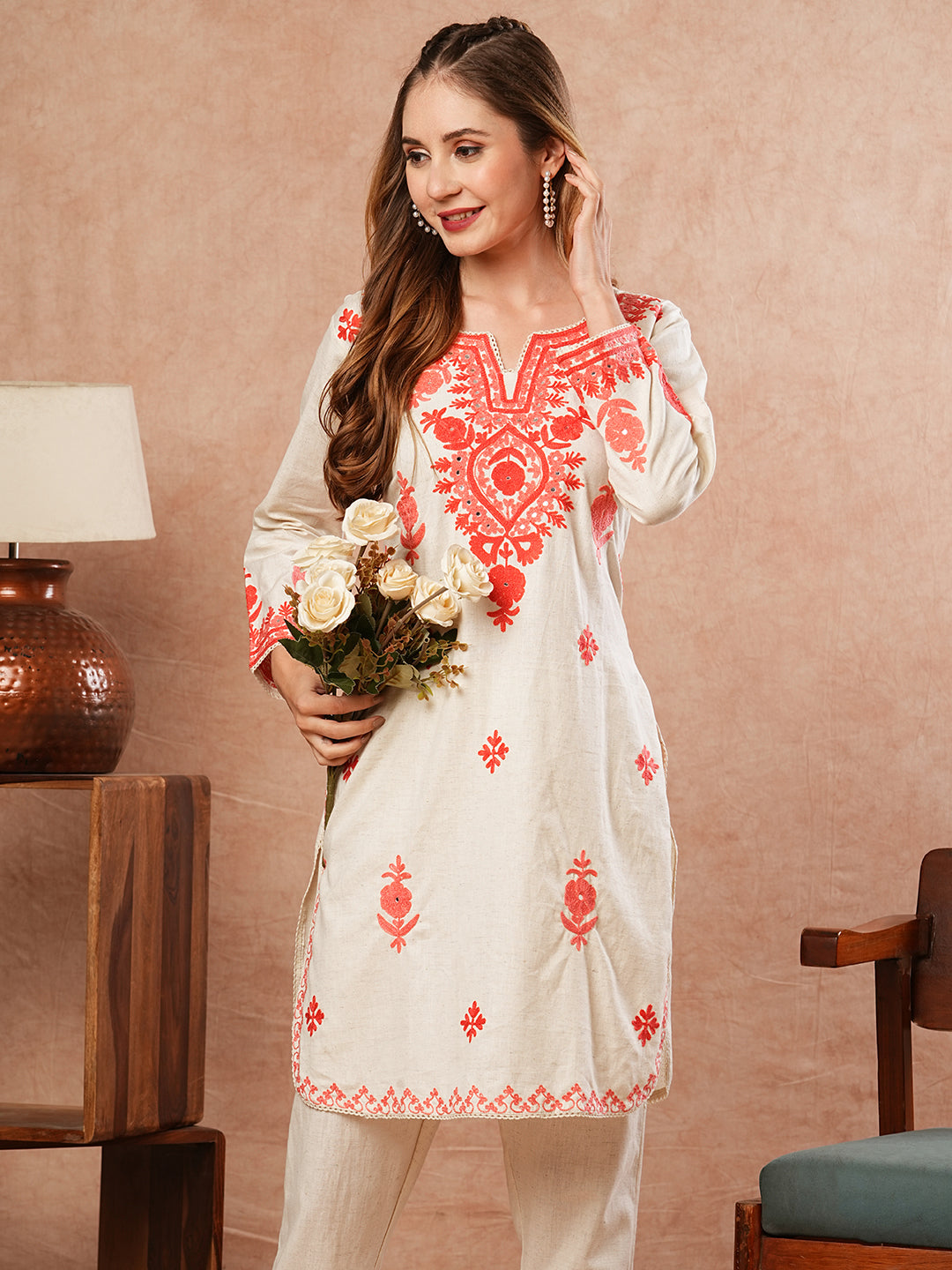 Solid Resham & Mirror Aari Embroidered Kurti with Pants - Off White