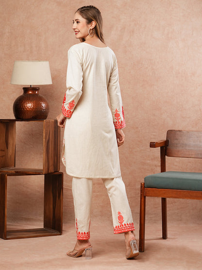 Solid Resham & Mirror Aari Embroidered Kurti with Pants - Off White