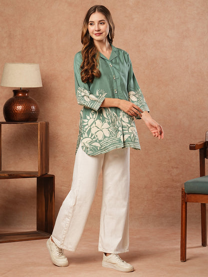 Floral Abstract Printed Straight Fit Kurti - Green