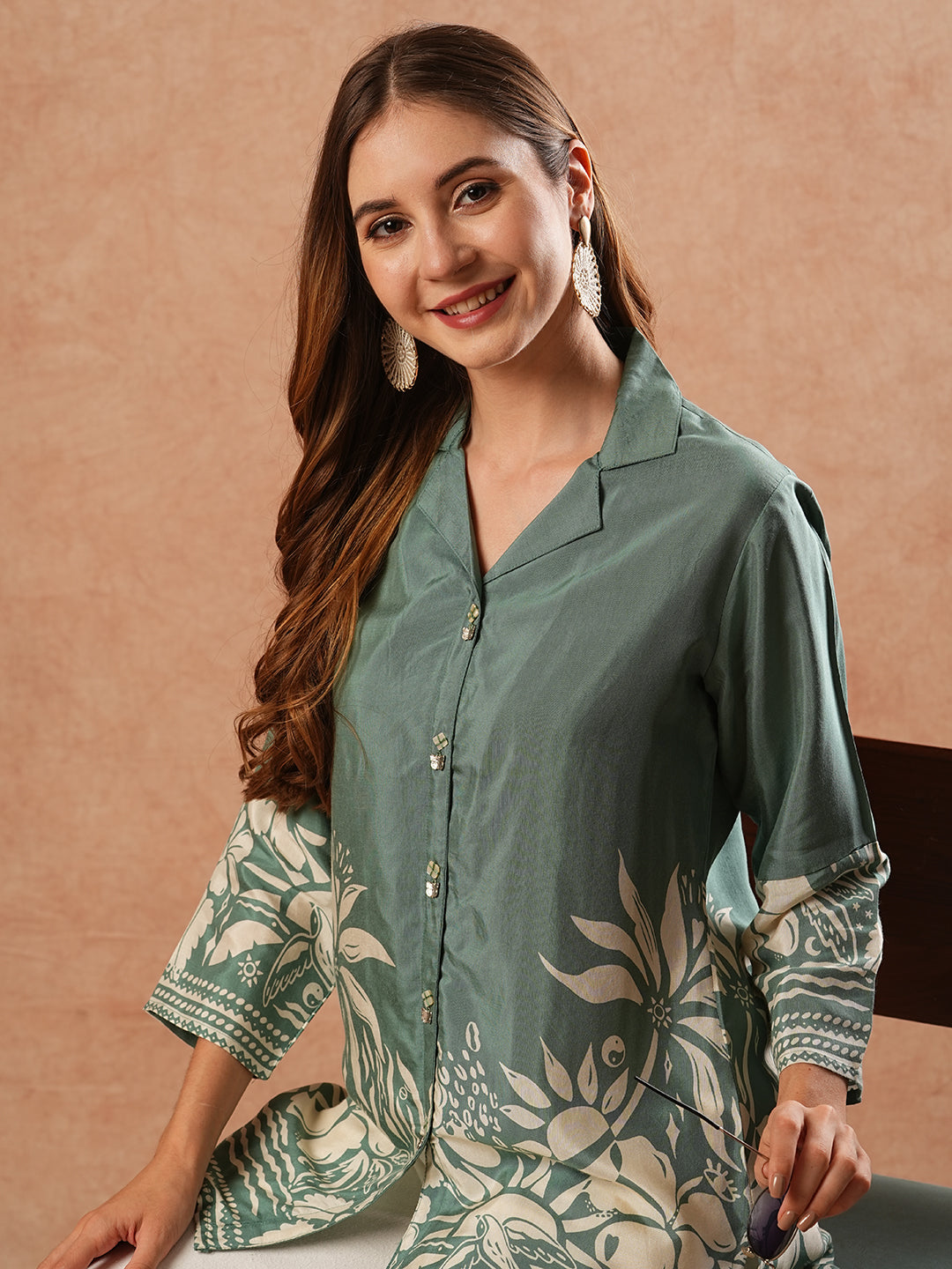 Floral Abstract Printed Straight Fit Kurti - Green