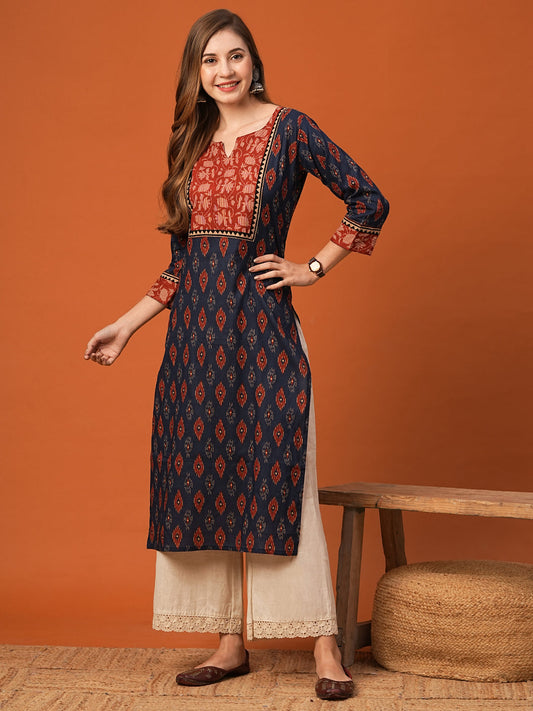 Ethnic Floral Printed & Kantha work Straight Fit Kurta - Navy Blue