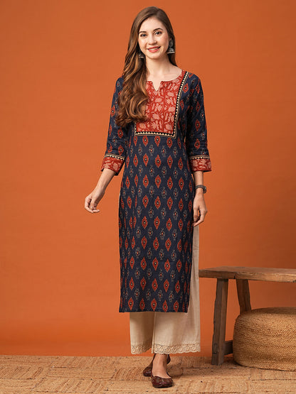 Ethnic Floral Printed & Kantha work Straight Fit Kurta - Navy Blue