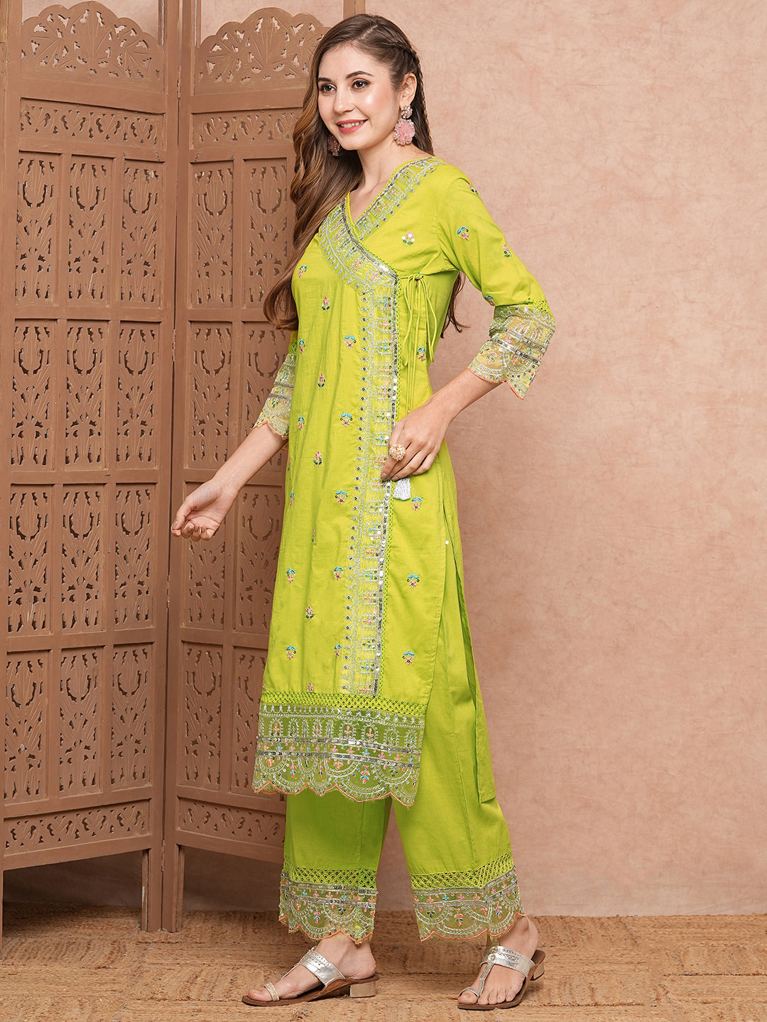 Solid Resham, Sequins & Zari Embroidered Kurta with Palazzo - Lime Green