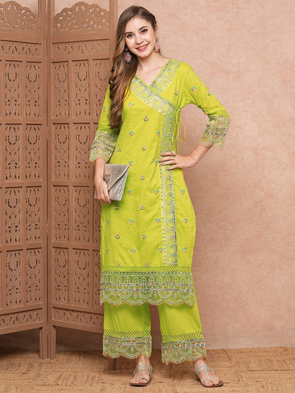 Solid Resham, Sequins & Zari Embroidered Kurta with Palazzo - Lime Green