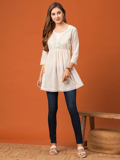 Pastel Floral Embroidered A-Line Pleated Kurti - White