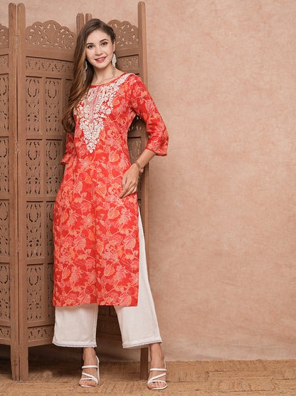 Floral Printed Resham & Sequins Embroidered Kurta - Red