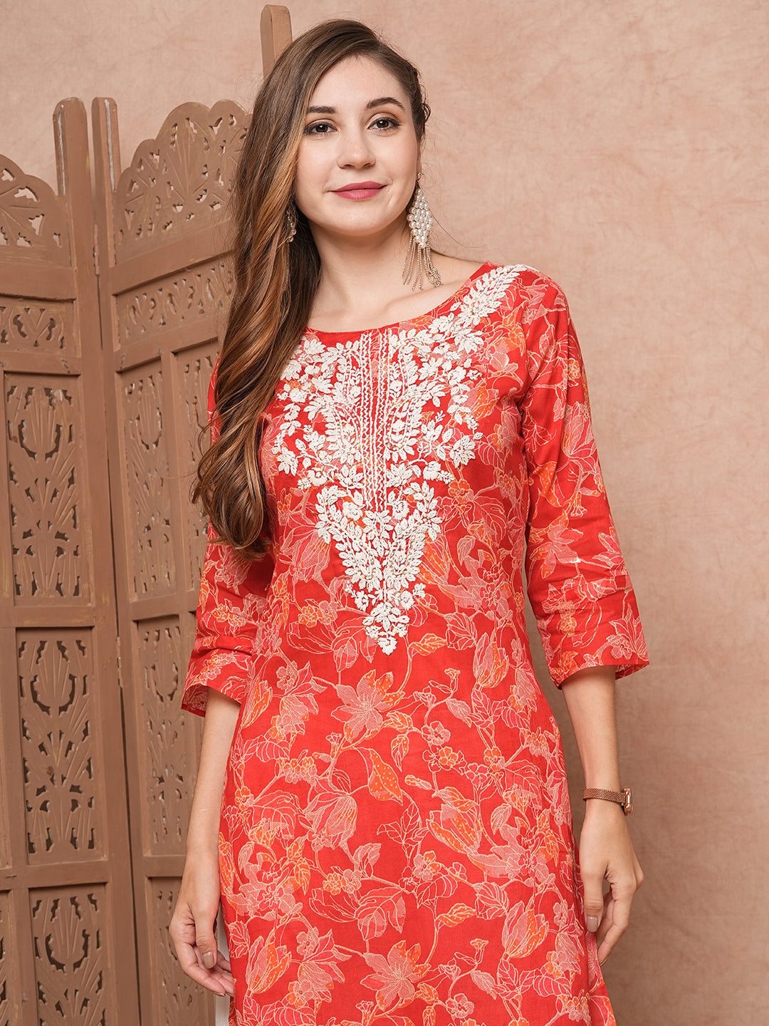 Floral Printed Resham & Sequins Embroidered Kurta - Red