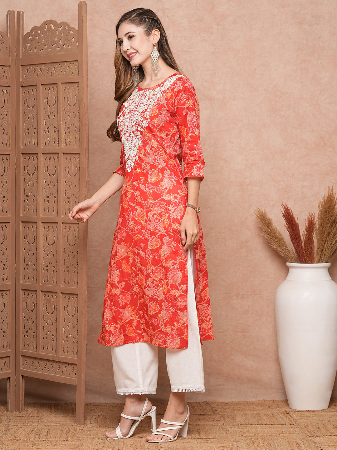 Floral Printed Resham & Sequins Embroidered Kurta - Red