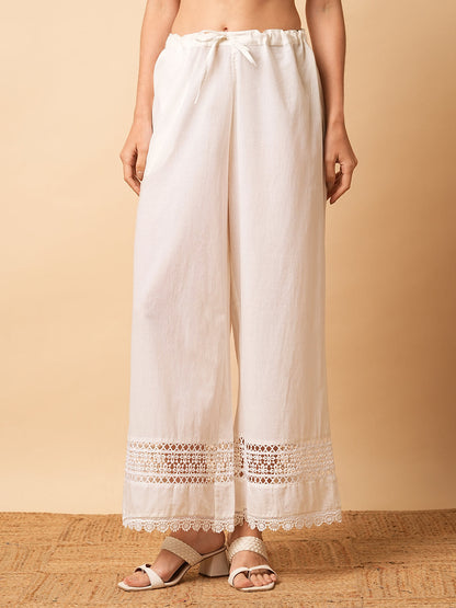 Solid Crochet Lace Patched Straight Fit Palazzo - White