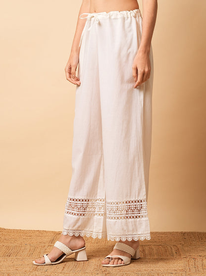 Solid Crochet Lace Patched Straight Fit Palazzo - White