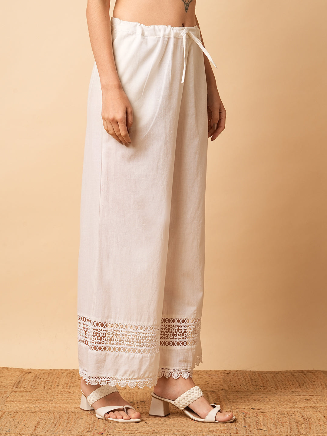 Solid Crochet Lace Patched Straight Fit Palazzo - White