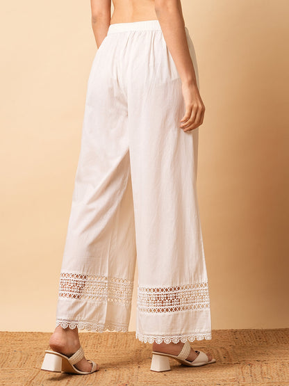 Solid Crochet Lace Patched Straight Fit Palazzo - White