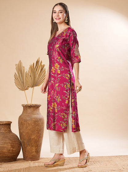 Abstract Foil Floral Printed & Zari Embroidered Straight Fit Kurta - Magenta