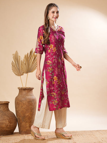 Abstract Foil Floral Printed & Zari Embroidered Straight Fit Kurta - Magenta