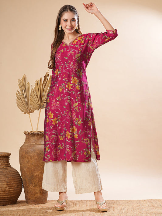 Abstract Foil Floral Printed & Zari Embroidered Straight Fit Kurta - Magenta