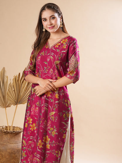 Abstract Foil Floral Printed & Zari Embroidered Straight Fit Kurta - Magenta