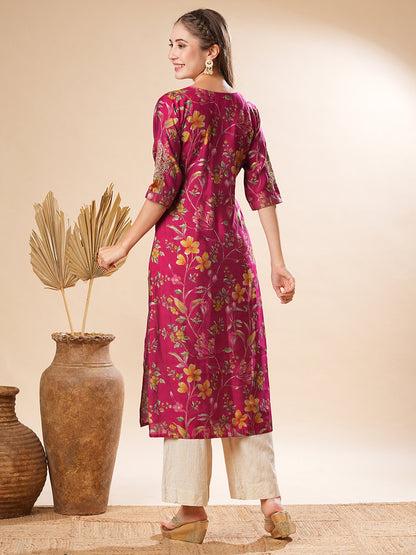 Abstract Foil Floral Printed & Zari Embroidered Straight Fit Kurta - Magenta