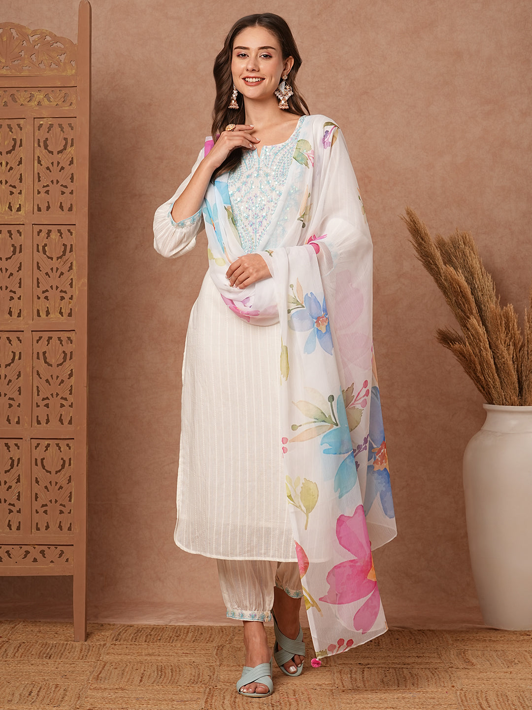 Solid Dobby Striped Resham & Sequins Embroidered Kurta with Salwar Pants & Dupatta - White