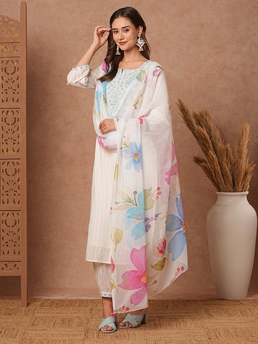 Solid Dobby Striped Resham & Sequins Embroidered Kurta with Salwar Pants & Dupatta - White