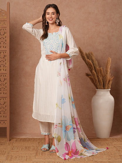 Solid Dobby Striped Resham & Sequins Embroidered Kurta with Salwar Pants & Dupatta - White