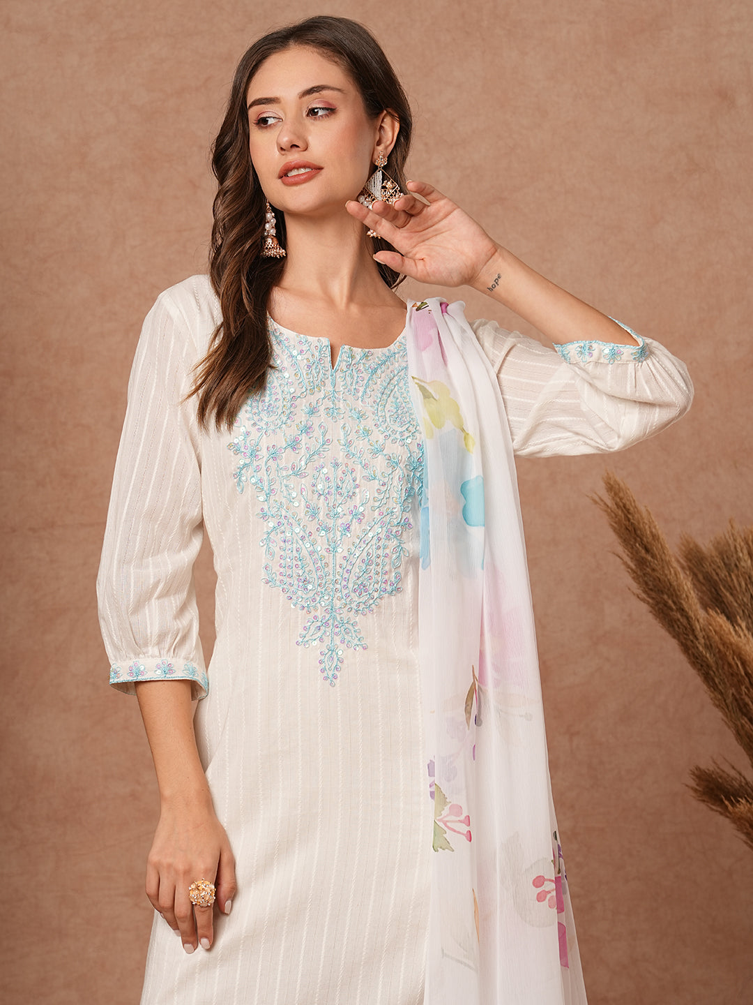 Solid Dobby Striped Resham & Sequins Embroidered Kurta with Salwar Pants & Dupatta - White