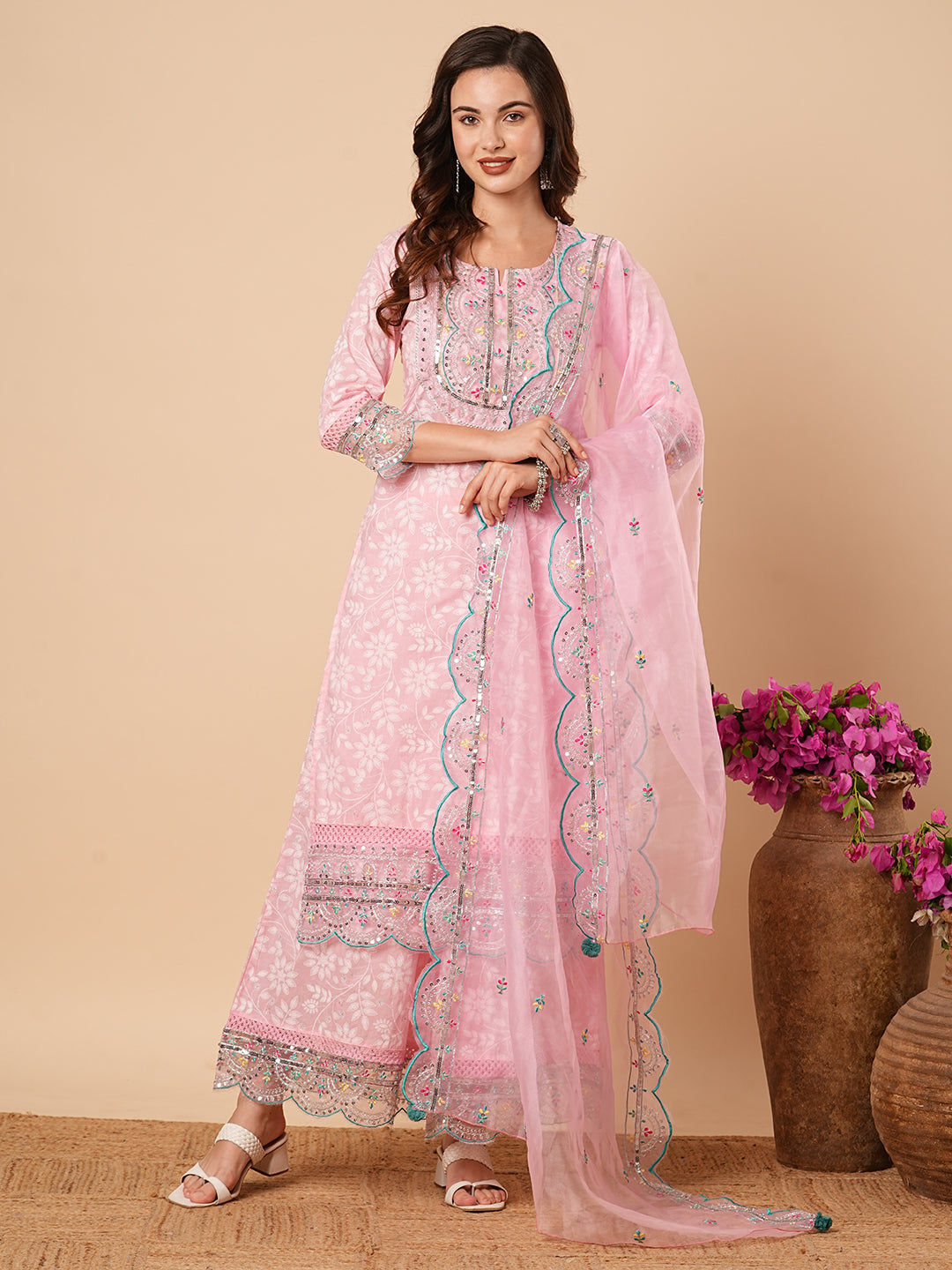 Floral Printed & Sequin Embroidered Straight Kurta with Pant & Dupatta - Pink