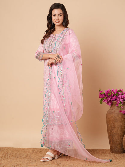 Floral Printed & Sequin Embroidered Straight Kurta with Pant & Dupatta - Pink