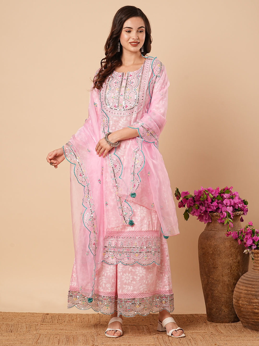 Floral Printed & Sequin Embroidered Straight Kurta with Pant & Dupatta - Pink