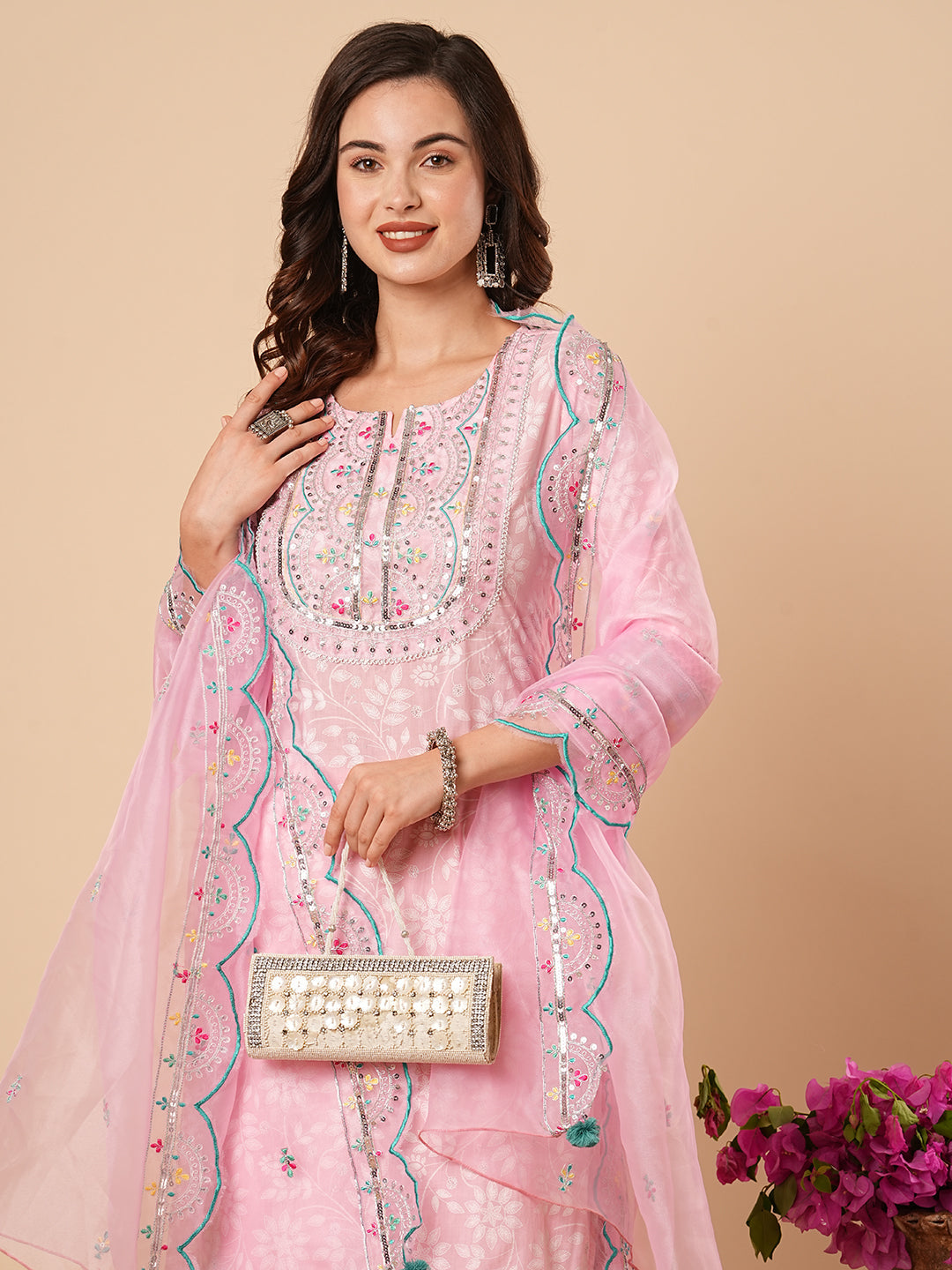 Floral Printed & Sequin Embroidered Straight Kurta with Pant & Dupatta - Pink