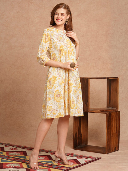 Floral Printed A-Line Paneled Kurta - Yellow