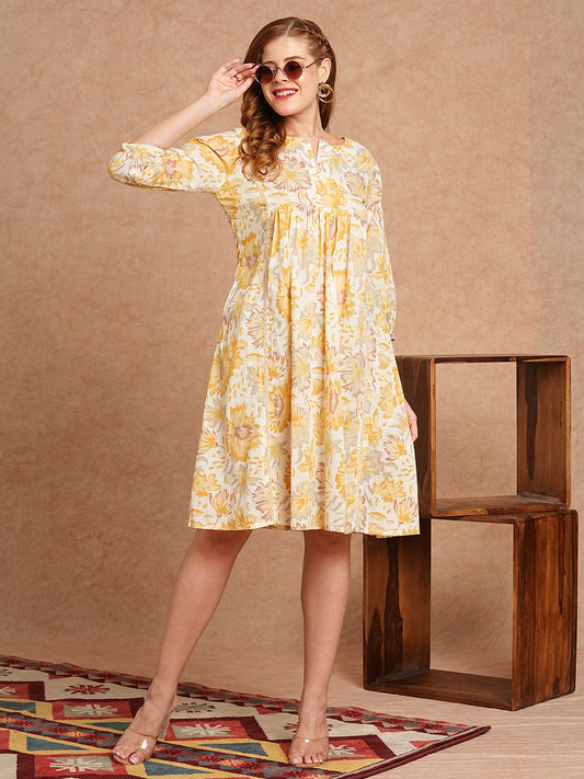 Floral Printed A-Line Paneled Kurta - Yellow