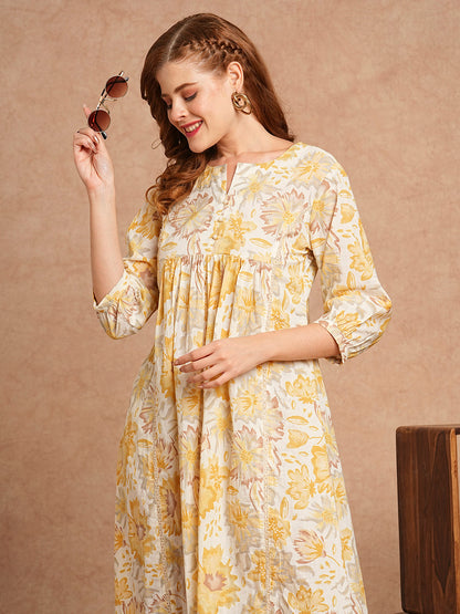 Floral Printed A-Line Paneled Kurta - Yellow