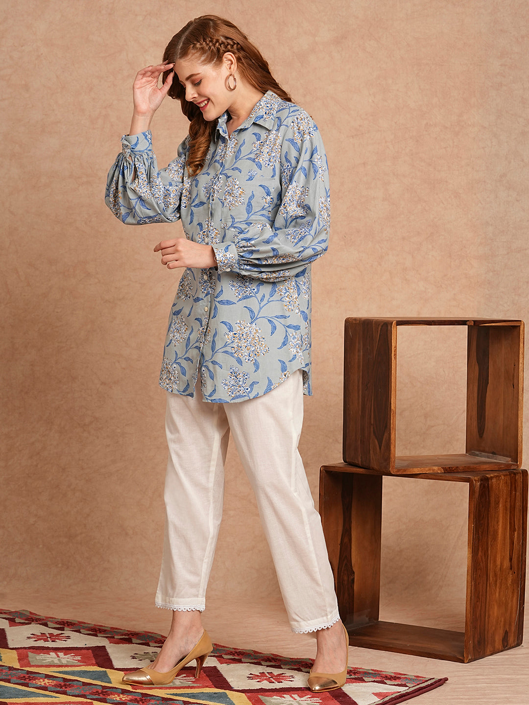 Abstract Foil Printed Straight Fit Shirt with Pant - Blue