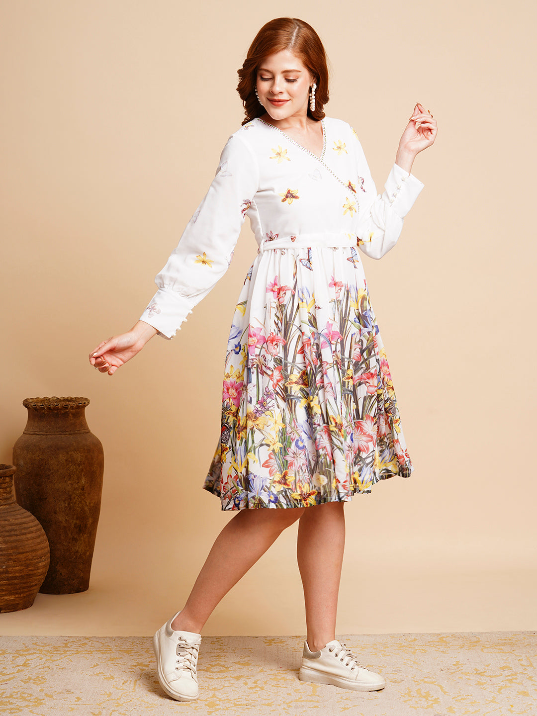 Floral Printed A-Line Pleated Midi Dress with Belt - White