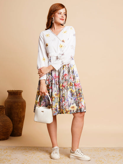 Floral Printed A-Line Pleated Midi Dress with Belt - White