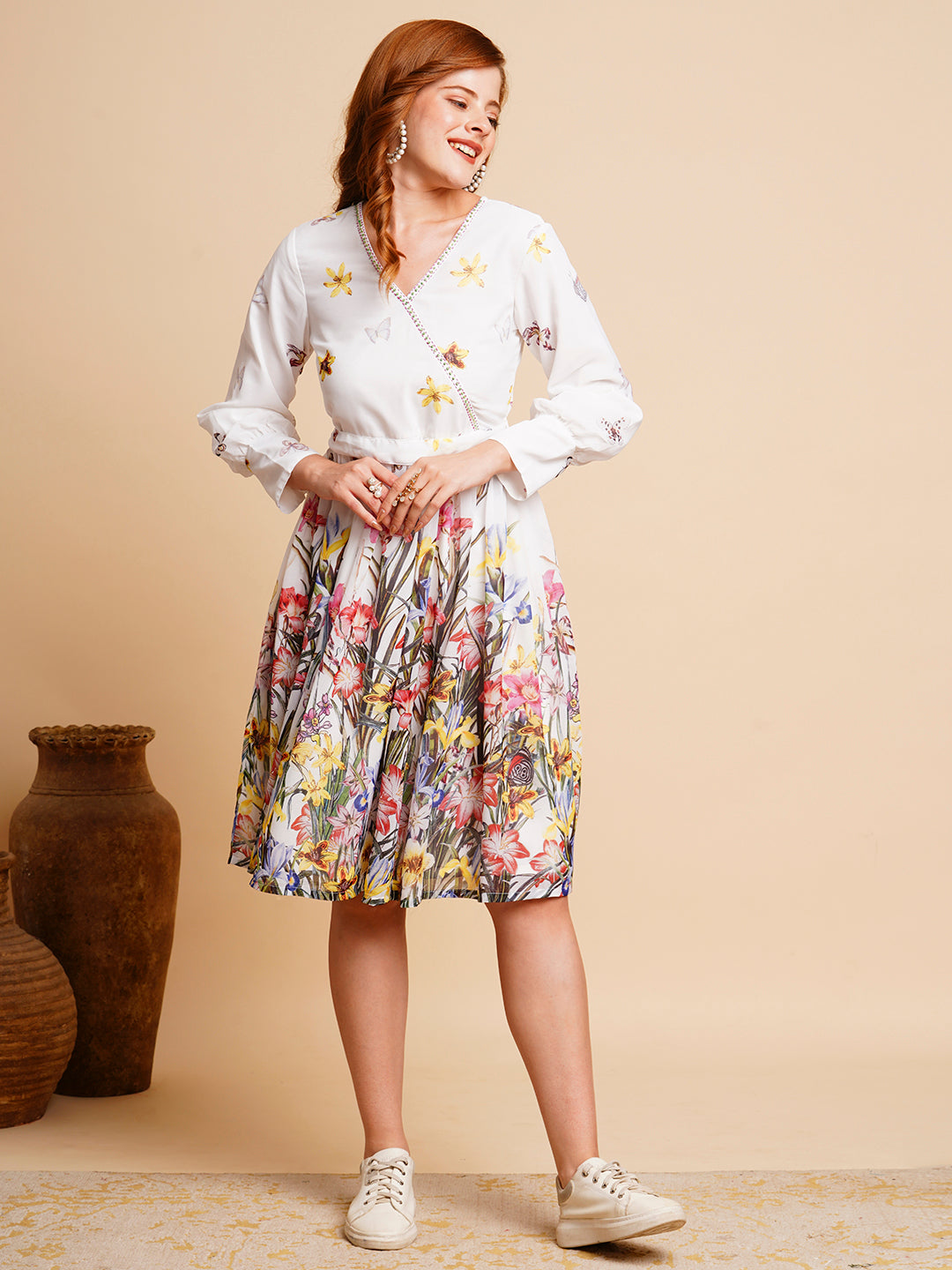 Floral Printed A-Line Pleated Midi Dress with Belt - White