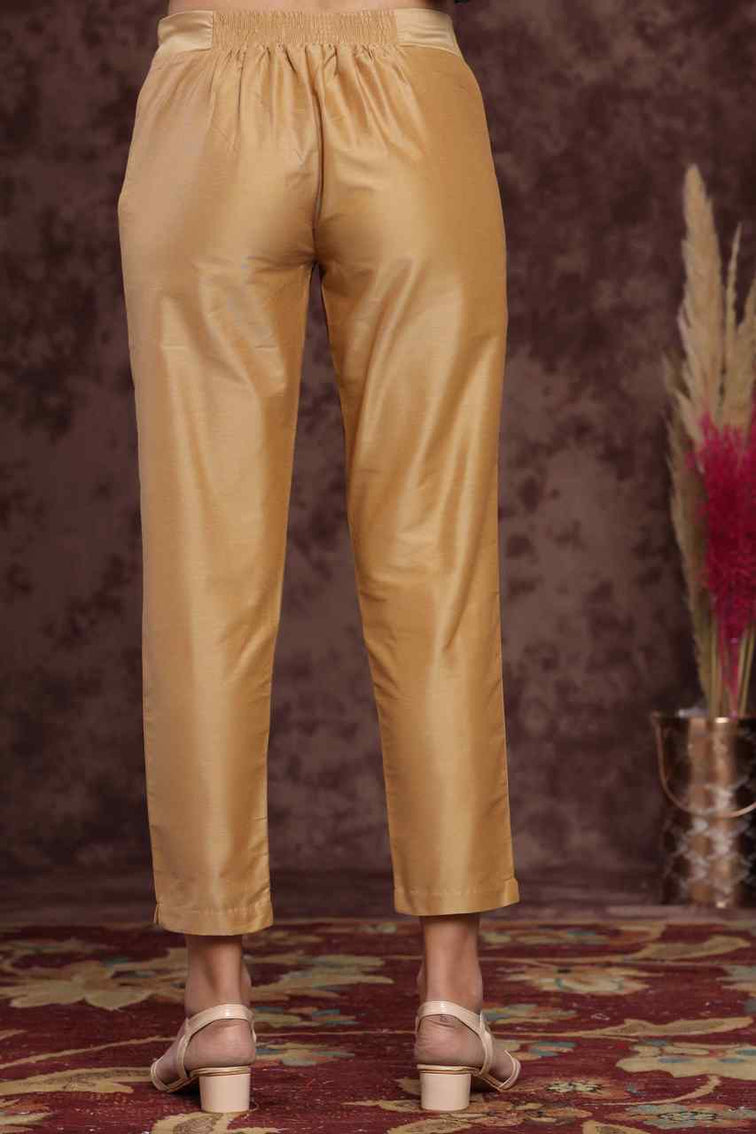 Gold Poly Silk Solid Straight Pants