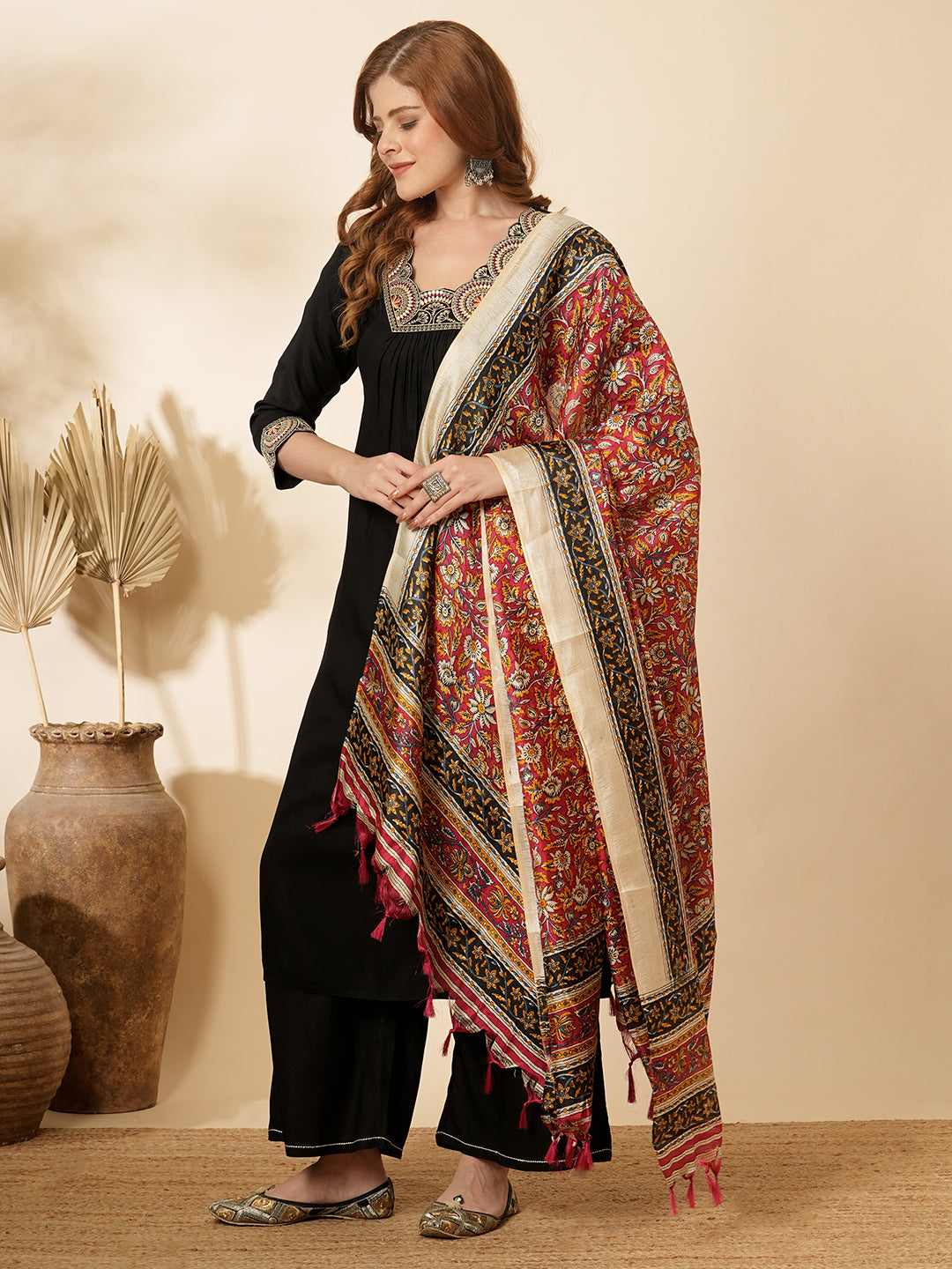 Solid Ethnic Embroidered A-Line Pleated Kurta with Palazzo & Printed Dupatta - Black