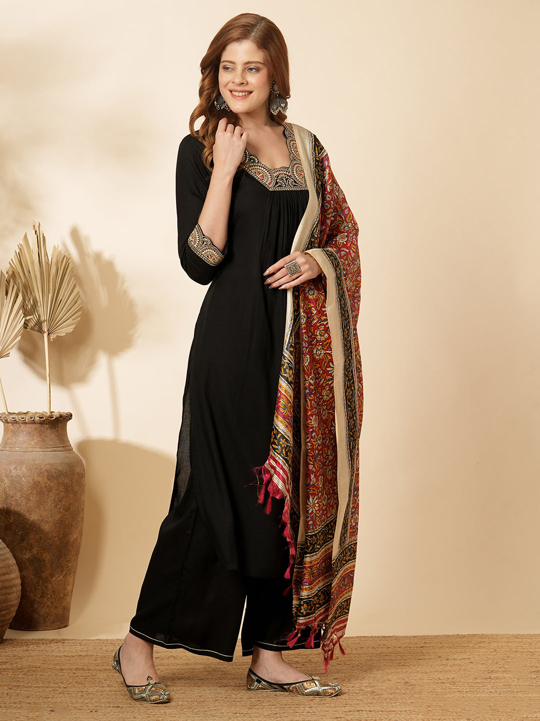 Solid Ethnic Embroidered A-Line Pleated Kurta with Palazzo & Printed Dupatta - Black