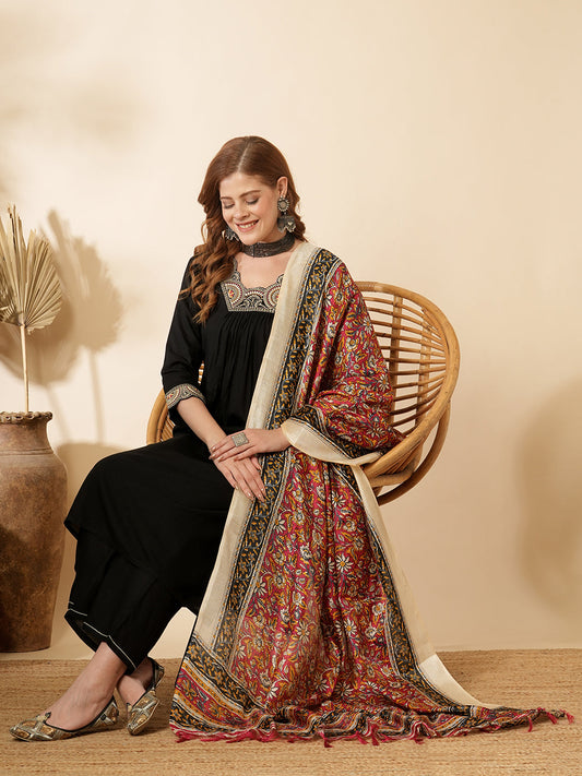 Solid Ethnic Embroidered A-Line Pleated Kurta with Palazzo & Printed Dupatta - Black