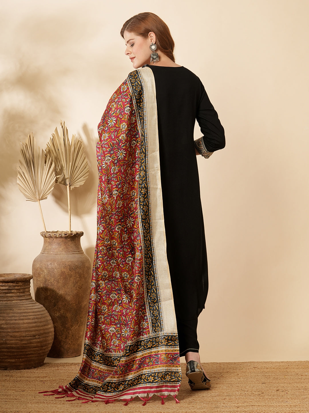 Solid Ethnic Embroidered A-Line Pleated Kurta with Palazzo & Printed Dupatta - Black