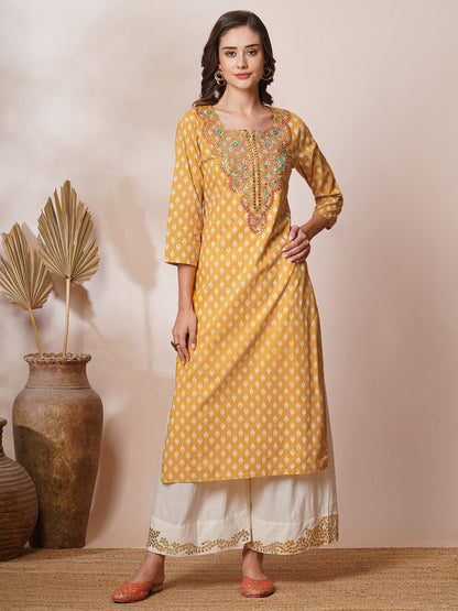 Ethnic Khari Printed & Embroidered Straight Fit Kurta - Mustard