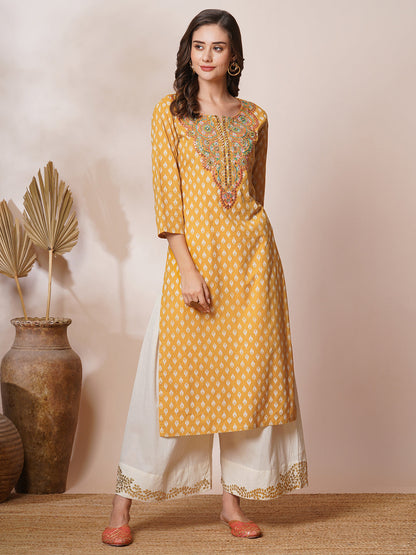 Ethnic Khari Printed & Embroidered Straight Fit Kurta - Mustard