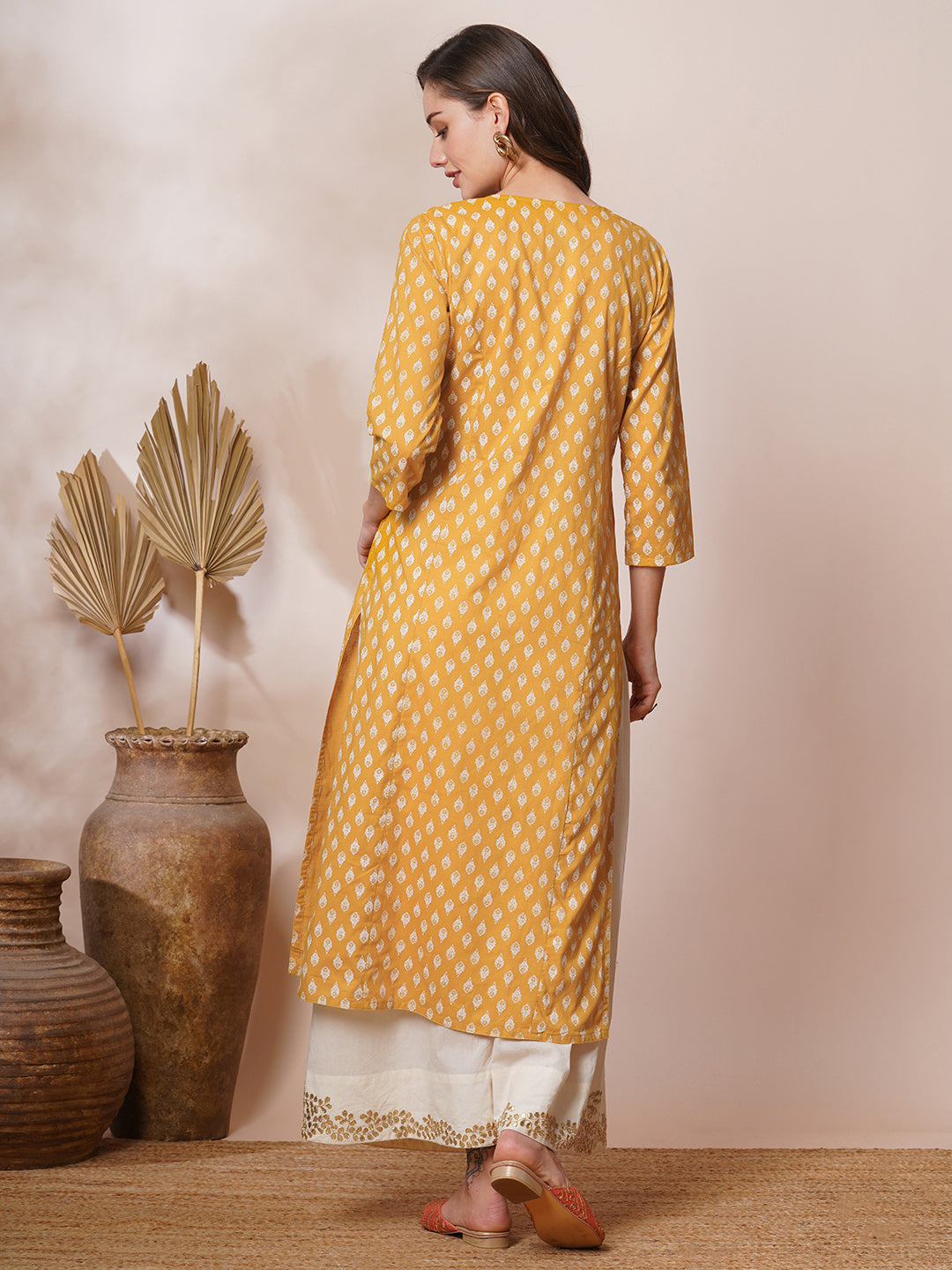 Ethnic Khari Printed & Embroidered Straight Fit Kurta - Mustard