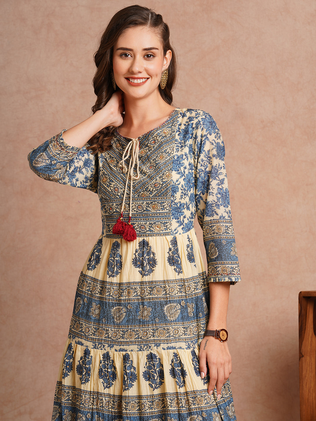 Ethnic Floral Printed & Embroidered A-Line Tiered Flared maxi Dress - Morpunkhi Ethnic Floral Printed & Embroidered A-Line Tiered Flared maxi Dress - Morpunkhi
