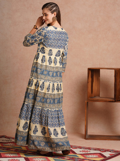 Ethnic Floral Printed & Embroidered A-Line Tiered Flared maxi Dress - Blue