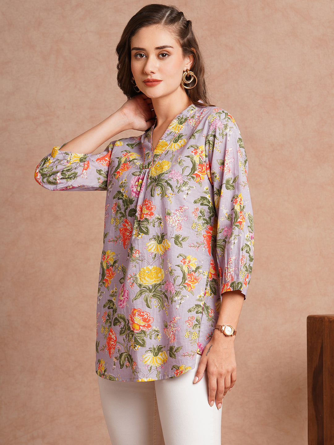 Abstract Floral Printed Straight Fit Kurti - Lavender