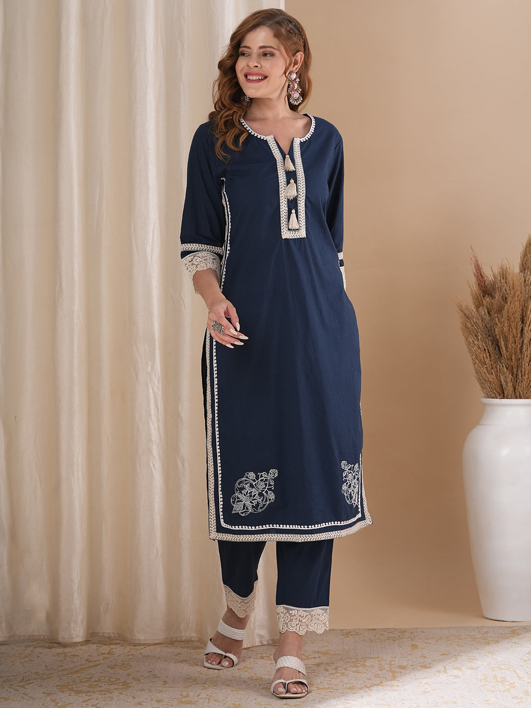 Solid Ethnic Embroidered Straight Fit Co-ord Set - Navy Blue