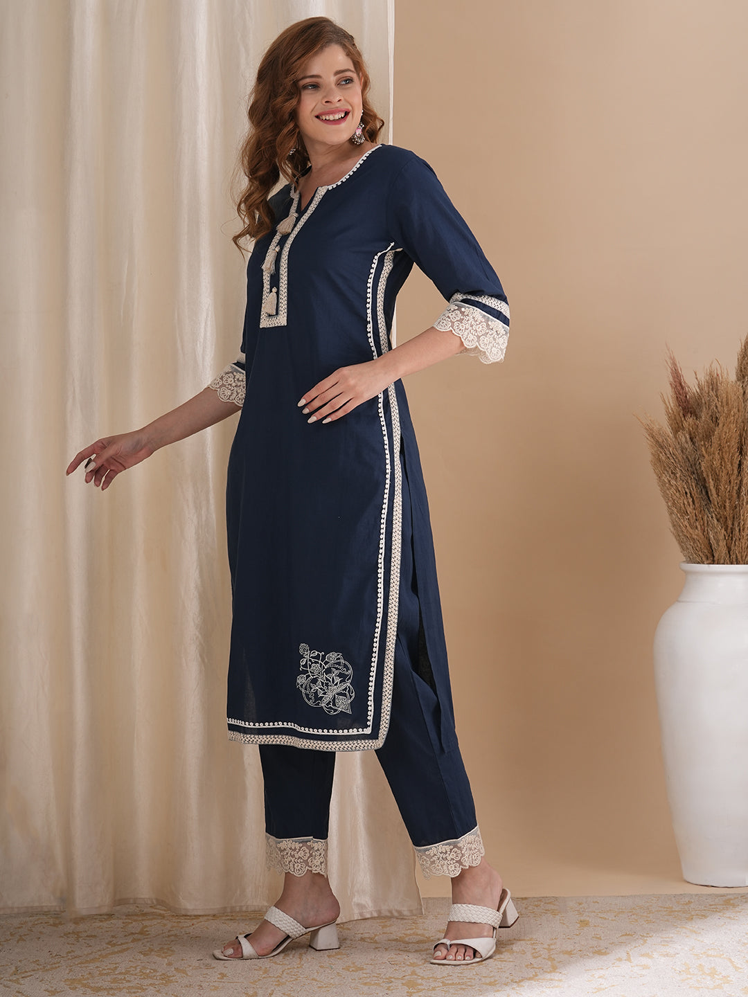 Solid Ethnic Embroidered Straight Fit Co-ord Set - Navy Blue