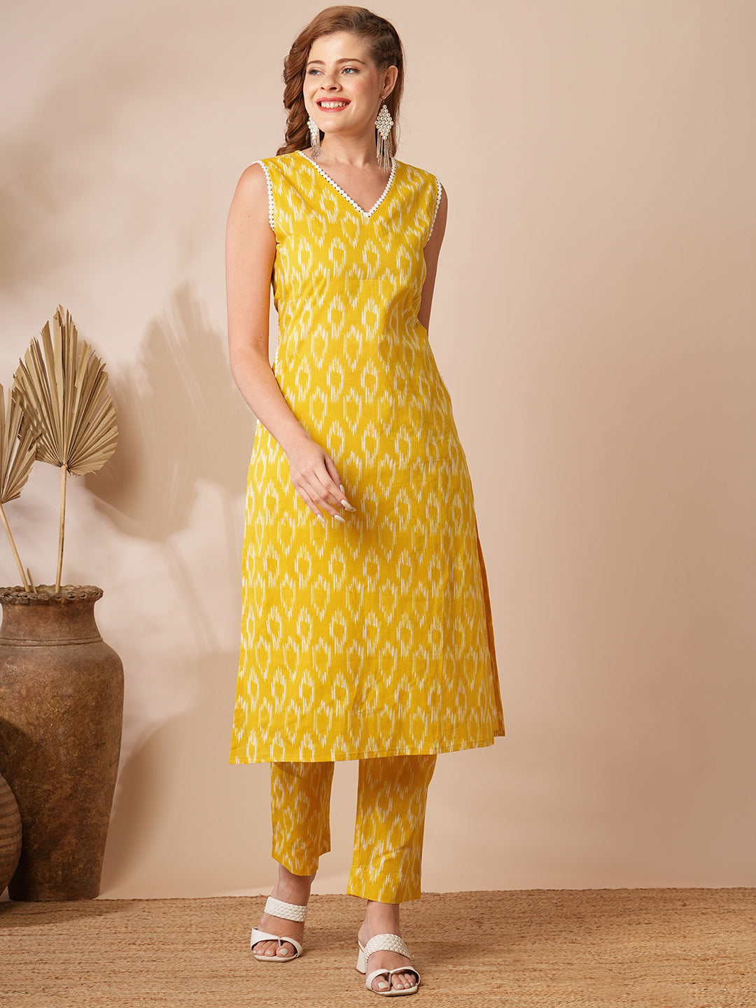 Ethnic Ikat Printed Straight Fit Co-ord Set - Yellow